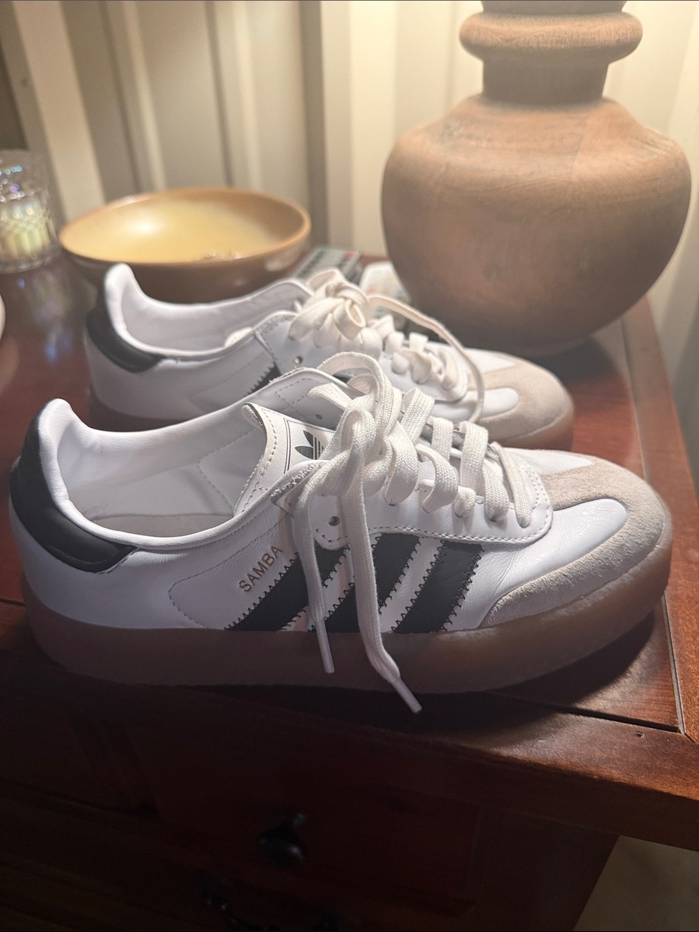 adidas Samba Sneakers in White, Black & Gum Sole